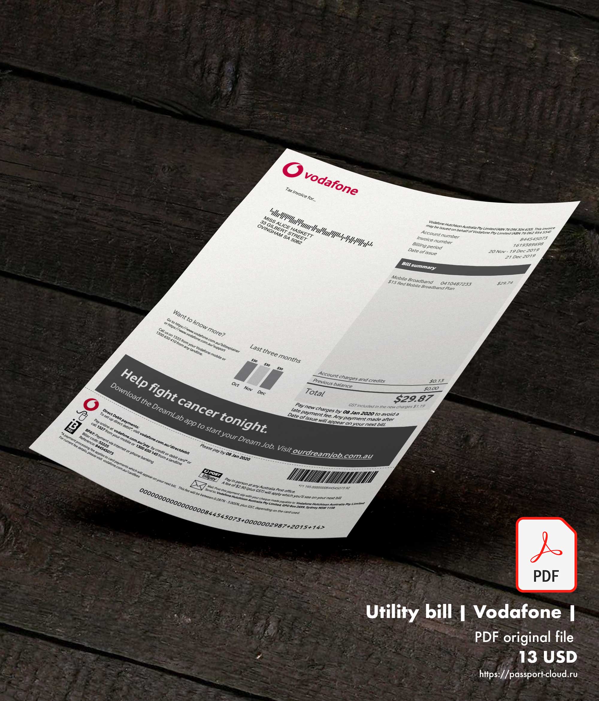 Utility bill | Vodafone | AU | Australia |