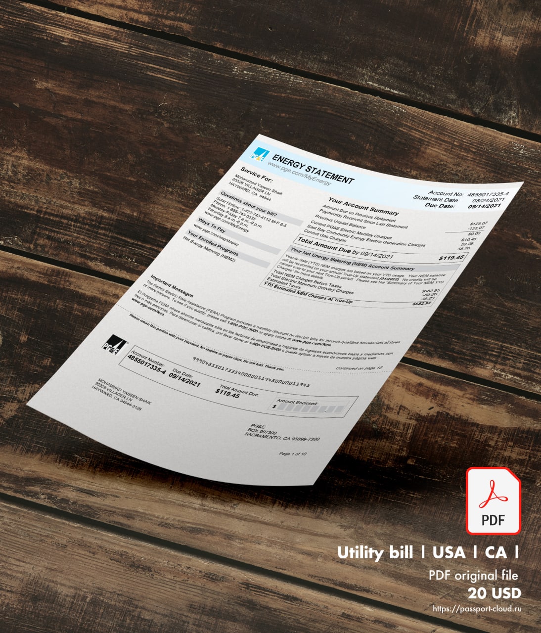 Utility bill | PGE | USA | CA