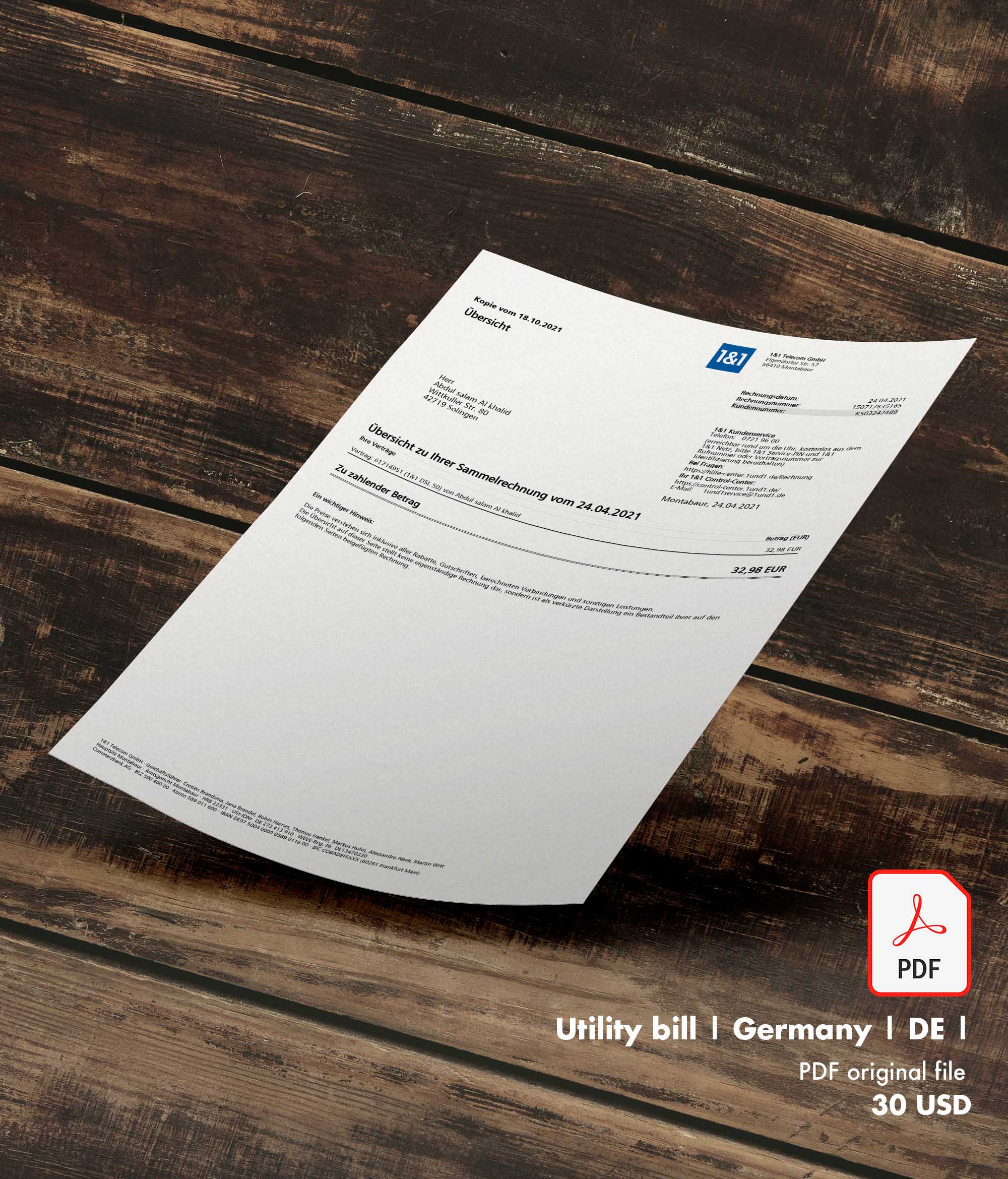 Utility bill | 1 and 1 | Germany | DE